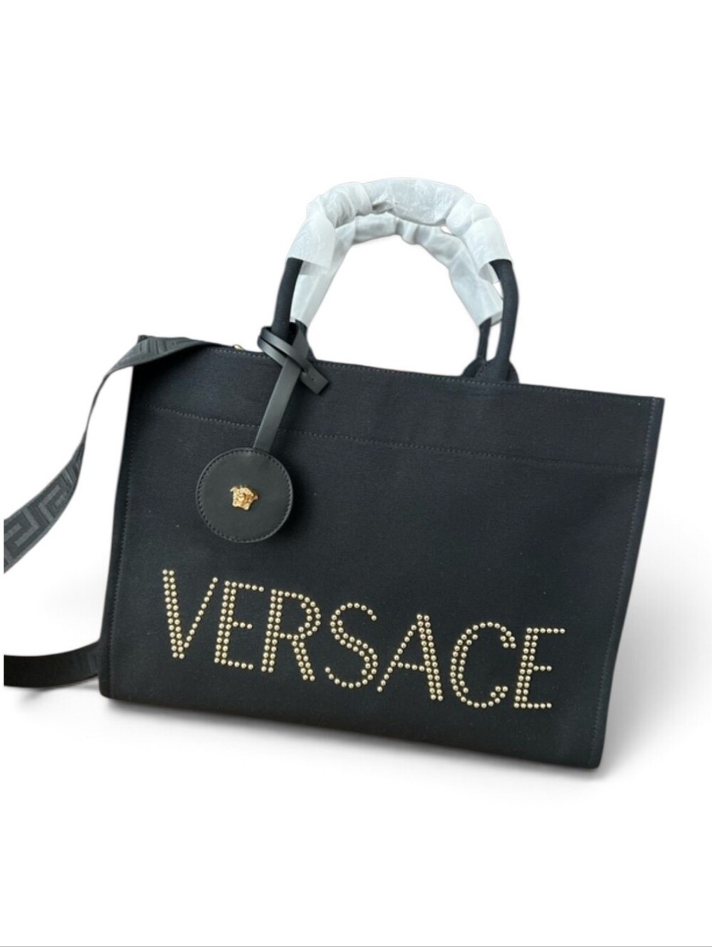 Versace Black Canvas Studded Logo Tote with Gold Accent